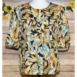 Panama Jack Women's XL Black Yellow Floral Blouse Top Linen Blend Keyhole Neck